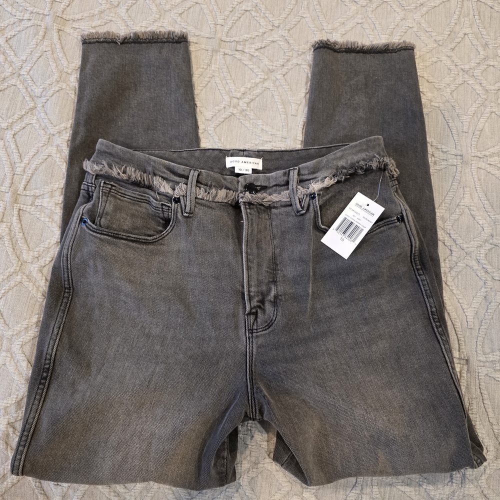Good American Charcoal Frayed Ankle Jeans